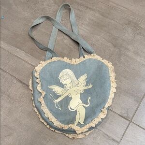 Valfre Heart-Shaped Denim Tote Bag with Winged Cherub Graphic